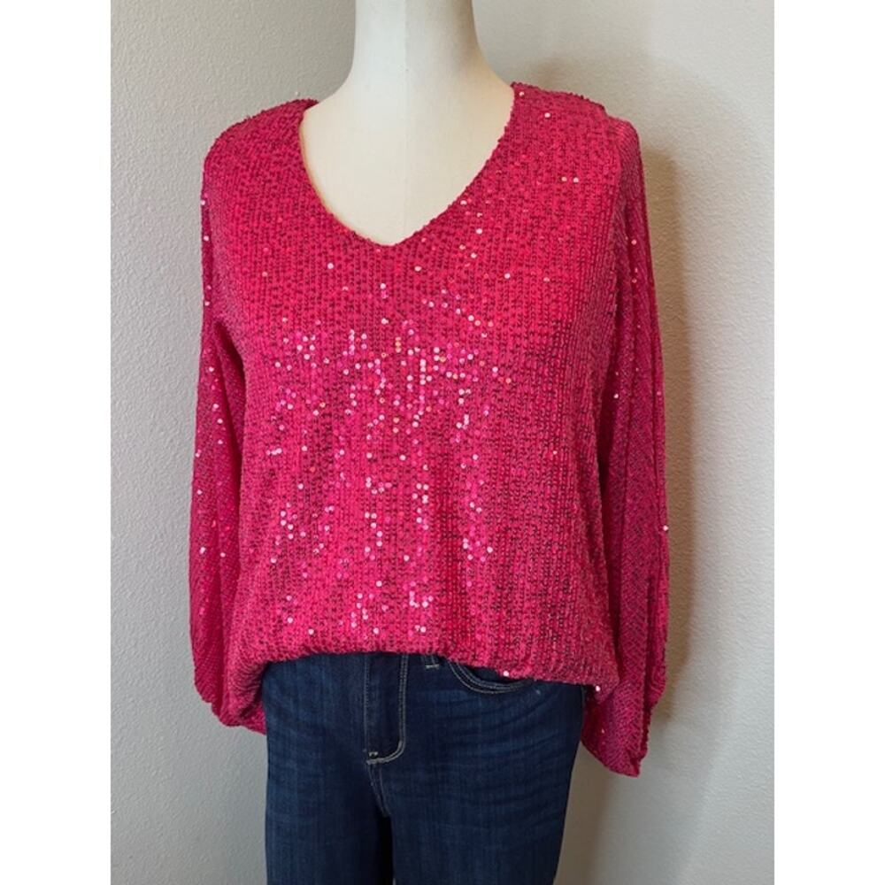 Hot Pink Long Sleeve Sequin Blouse Size Small